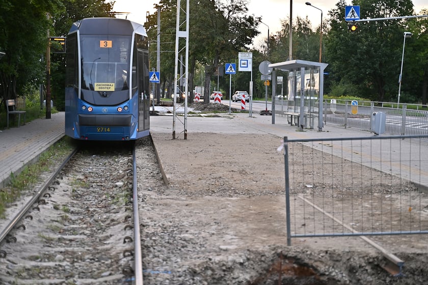 Remont torów na przejeździe przez ul. Kamiennogórską, na wysokości przystanku Kamiennogórska (ośrodek dla niewidomych).
