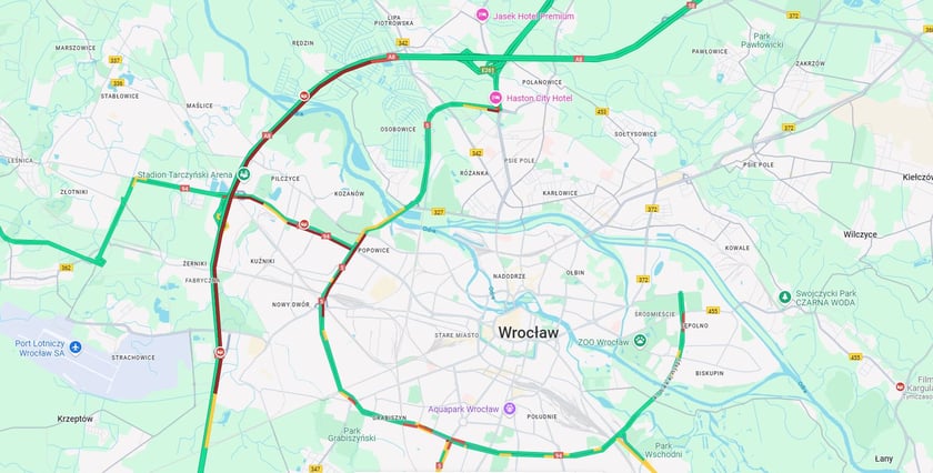 Mapa, na czerwono zaznaczono korek na AOW