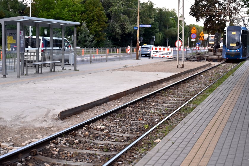 Remont torów na przejeździe przez ul. Kamiennogórską, na wysokości przystanku Kamiennogórska (ośrodek dla niewidomych).