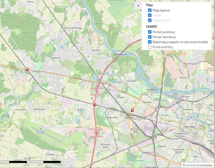 Powiększ obraz: Mapa z systemem CANARD we Wrocławiu