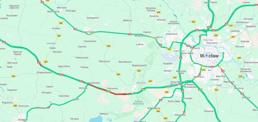 Powiększ obraz: Mapa, na czerwono zaznaczono korek na A4
