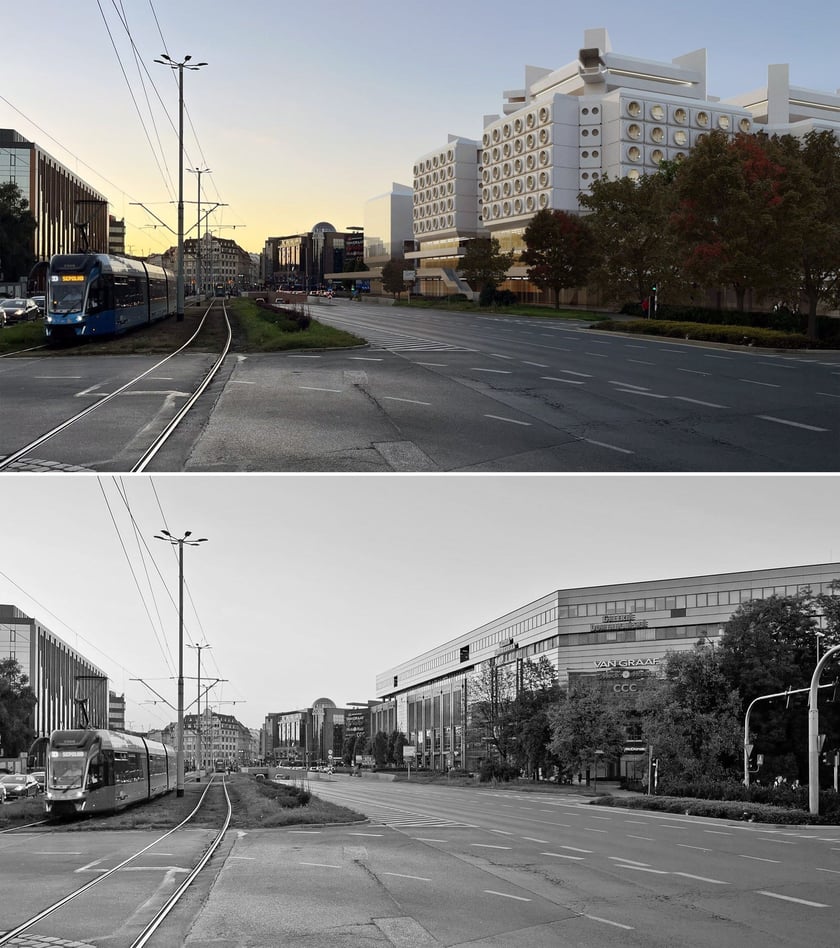 Zespół hotelowo-usługowy - wizualizacja według projektu Jadwigi Grabowskiej-Hawrylak i Krzysztofa Sąsiadka - oraz widok współczesny