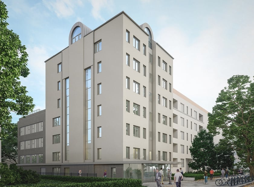 Budynek C - 11 na terenie kampusu Politechniki Wrocławskiej, czyli tzw. Wieża Magów. Wizualizacja