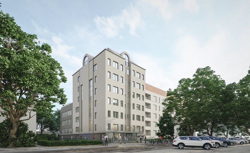 Budynek C - 11 na terenie kampusu Politechniki Wrocławskiej, czyli tzw. Wieża Magów. Wizualizacja