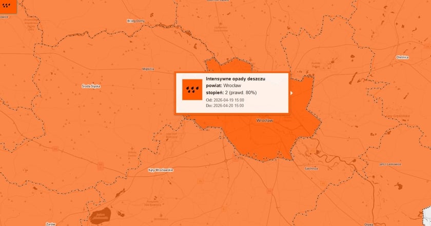 Mapa prezentująca ostrzeżenie IMGW dla Wrocławia