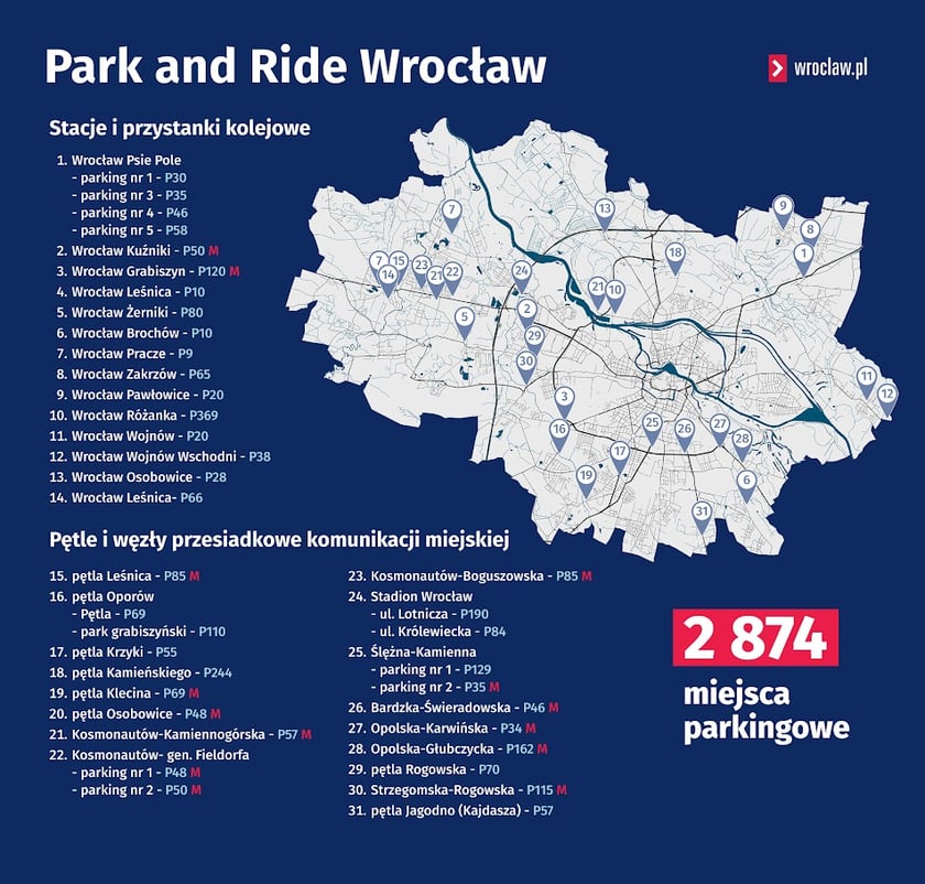 Mapa przedstawia lokalizację i spis parkingów P+R we Wrocławiu