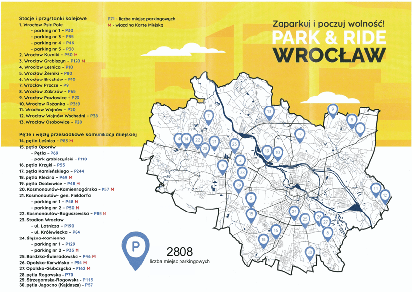 Mapa przedstawia lokalizację i spis parkingów P+R we Wrocławiu