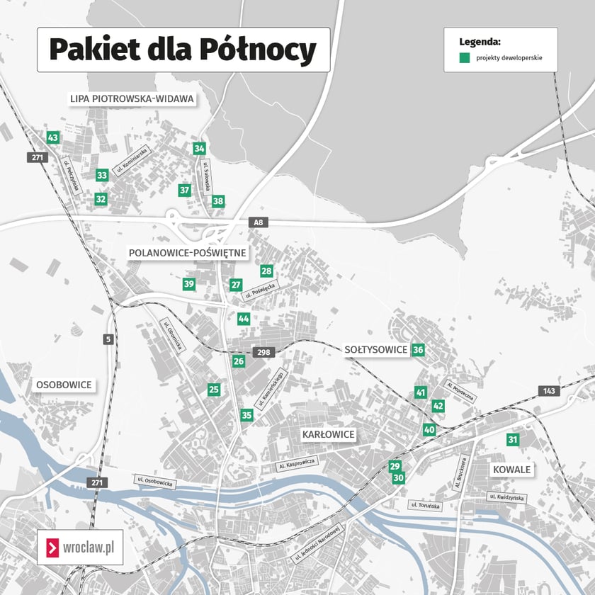 Mapa prezentuje listę inwestycji deweloperskich.