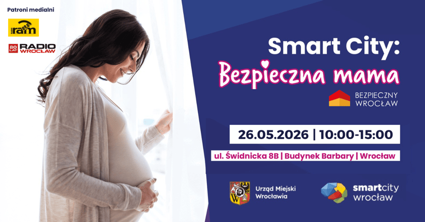 <p>Infografika z datą i miejscem bezpłatnego spotkania dla mam: "Smart City: Bezpieczna mama" 26.05.2026, godz. 10.00-15.00. Ul. Świdnicka 8b (budynek Barbary), Wrocław.</p>