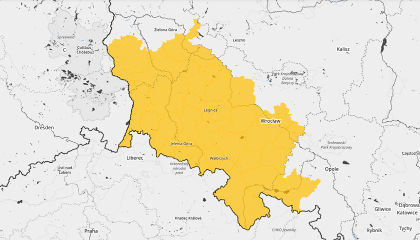 <p>Mapa ostrzeżeń pogodowych przed burzą 19 maja 2026 na Dolnym Śląsku.</p>