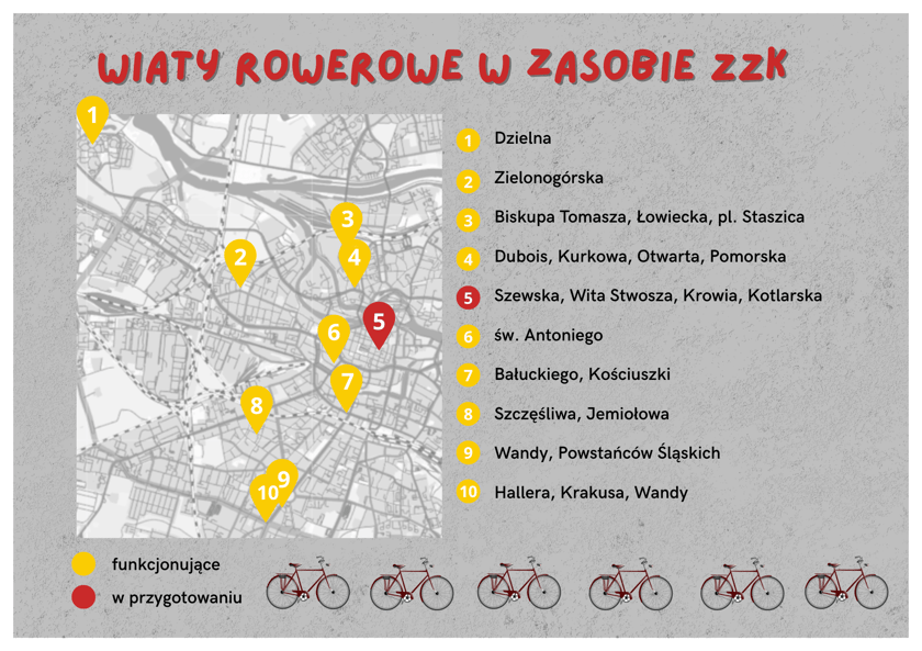 Mapa zamykanych wiat rowerowych w zarządzie ZZK