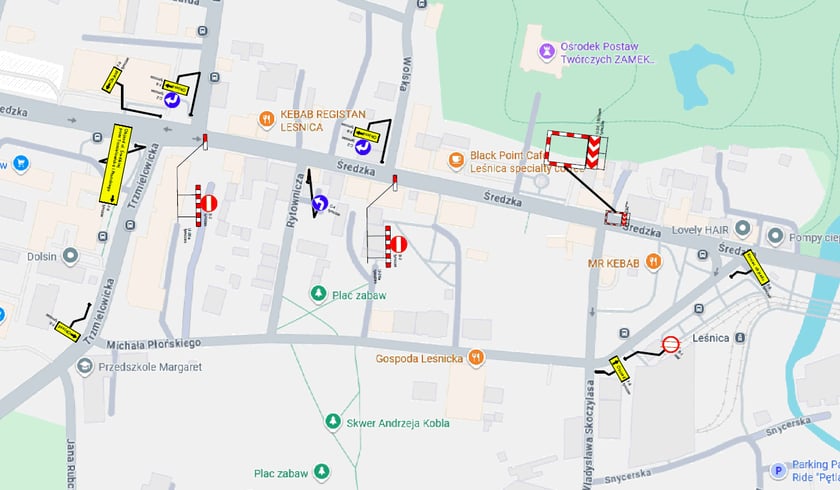 Mapa przedstawiająca schemat organizacji ruchu na czas usuwania awarii wodociągowej na ul. Średzkiej.