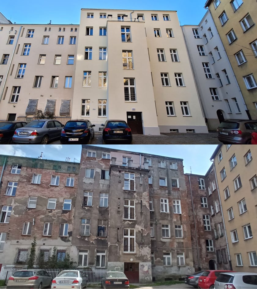 Zdjęcia zestawiające elewację Kamienicy przy ul. Otwartej 13 przed i po remoncie.
