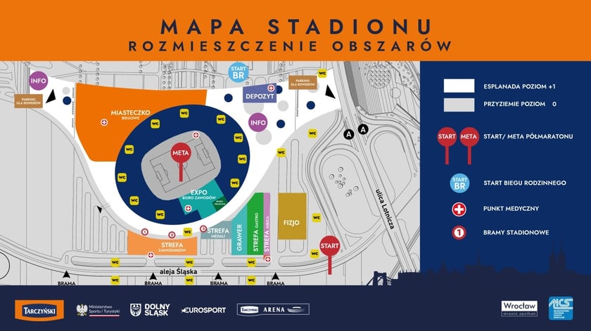 12. Tarczyński Nocny Wrocław Półmaraton - rozmieszczenie obszarów na mapie stadionu