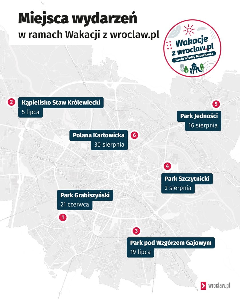 Mapa z lokalizacją wszystkich wydarzeń w ramach akcji Wakacje z wroclaw.pl