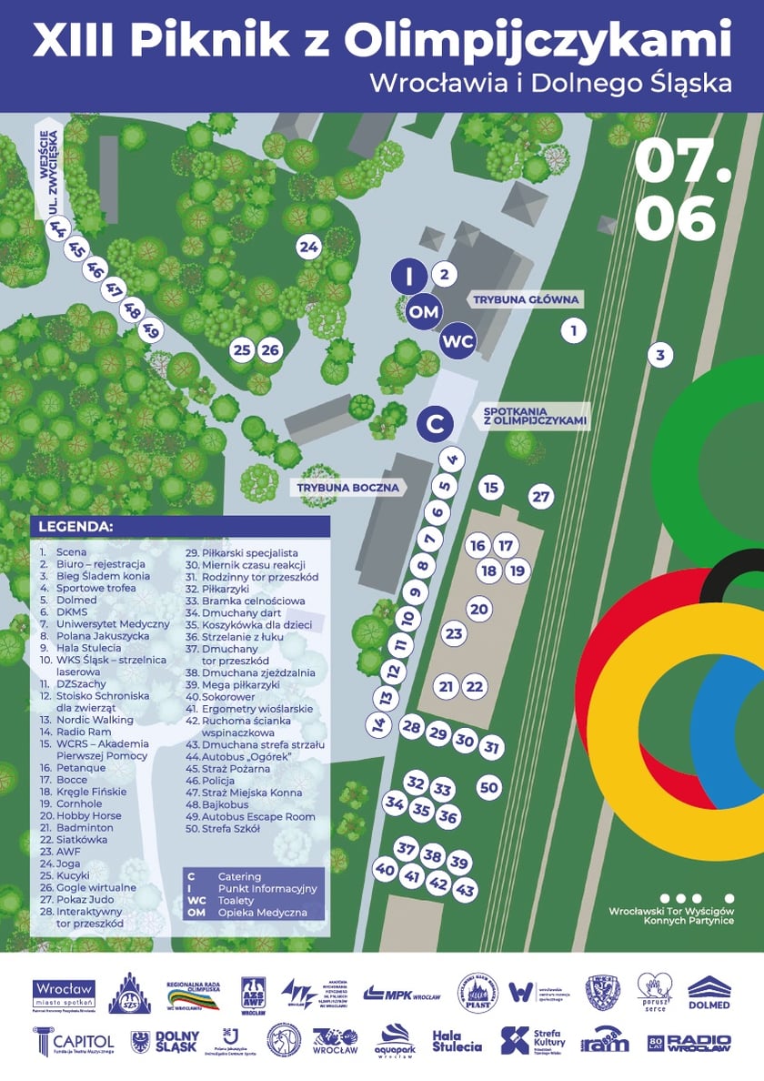 Mapka przedstawiająca atrakcje na XII Pikniku z Olimpijczykami Wrocławia i Dolnego Śląska.