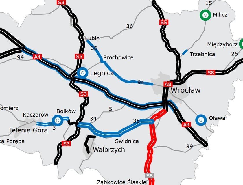 Mapa autostrad i dróg ekspresowych na Dolnym Śląsku. Na czerwono zaznaczone odcinki  drogi S8 które są w realizacji.