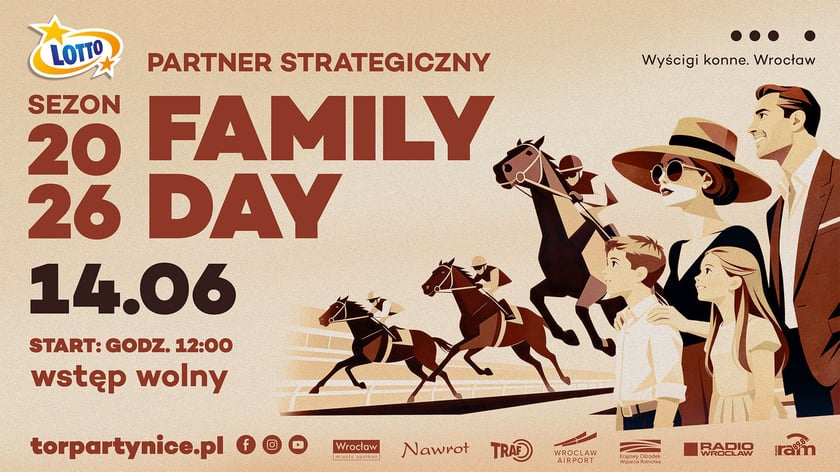 Plakat zapowiadający Family Day 14 czerwca na Torze Wyścigów Konnych na Partynicach
