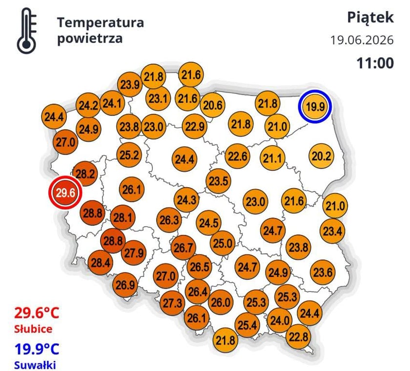 Temperatura powietrza, 19.06.2026 r.