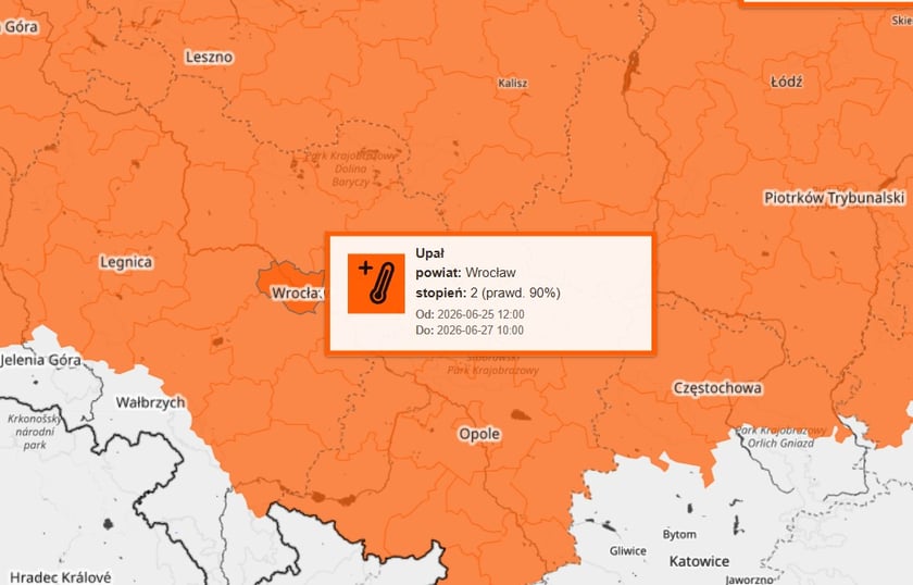 Mapa pokazująca Wrocław na tle strefy objętej ostrzeżeniem IMGW dotyczącym upału.