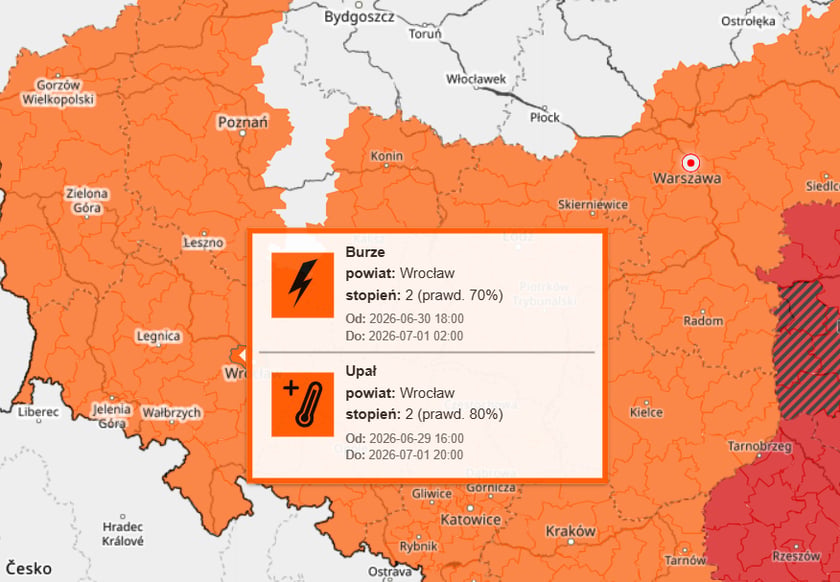 30 czerwca obowiązywać będą dwa ostrzeżenia IMGW dla Wrocławia i okolic