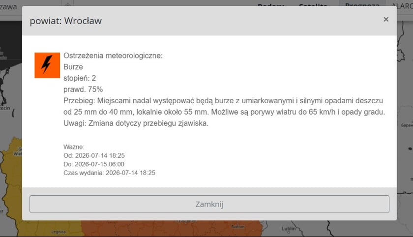 IMGW wydłużył alert dla Wrocławia do godz. 6:00 w środę