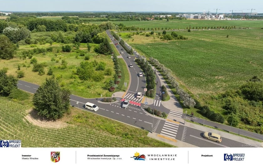 Wizualizacja nowej drogi prowadzącej od ulicy Żernickiej do Centrum Sportu. Obiekty użyteczności publicznej, które powstaną na Nowych Żernikach, nie zostały ujęte na wizualizacji