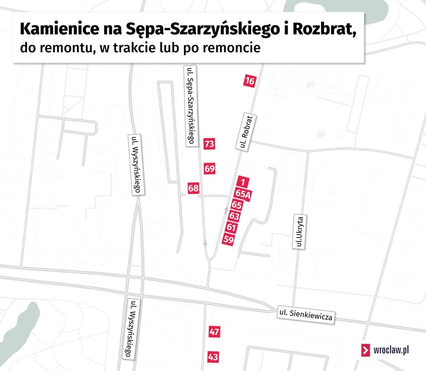 Mapa przedstawiająca umiejscowienie kamienic przy ul. Sępa-Szarzyńskiego planowanych do remontu.