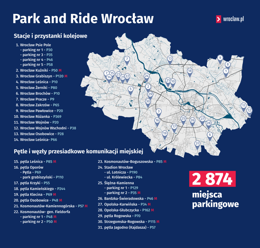 Grafika z lokalizacjami wszystkich parkingów Park & Ride we Wrocławiu