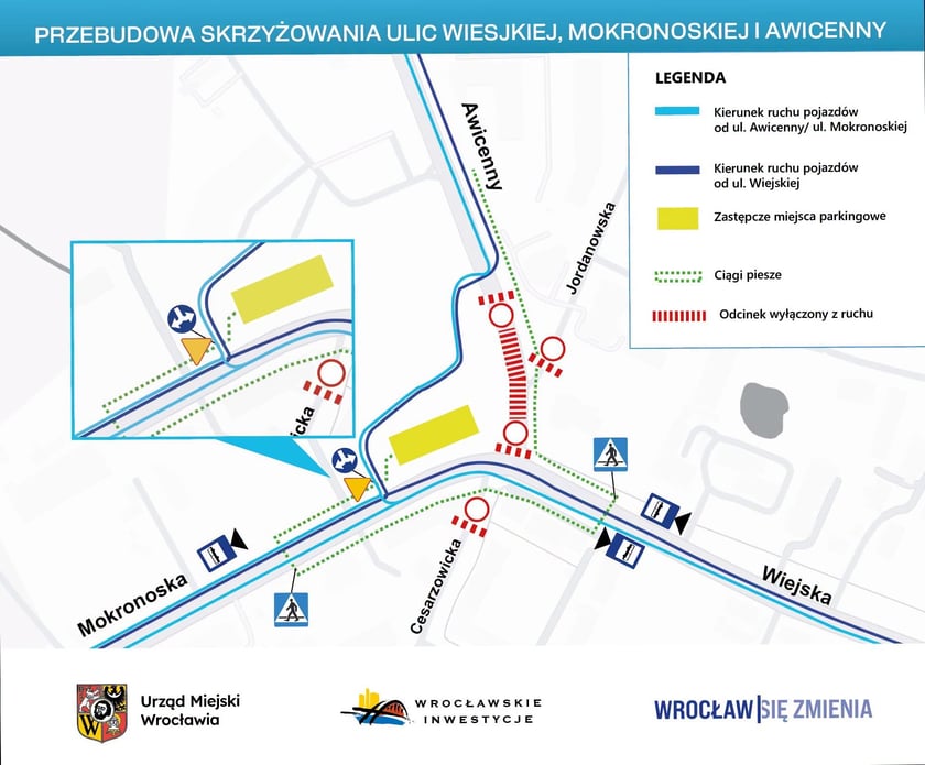 <p>Mapa przedstawia zmienioną organizację ruchu na skrzyżowaniu ulic Wiejskiej, Mokronoskiej i Awicenny</p>