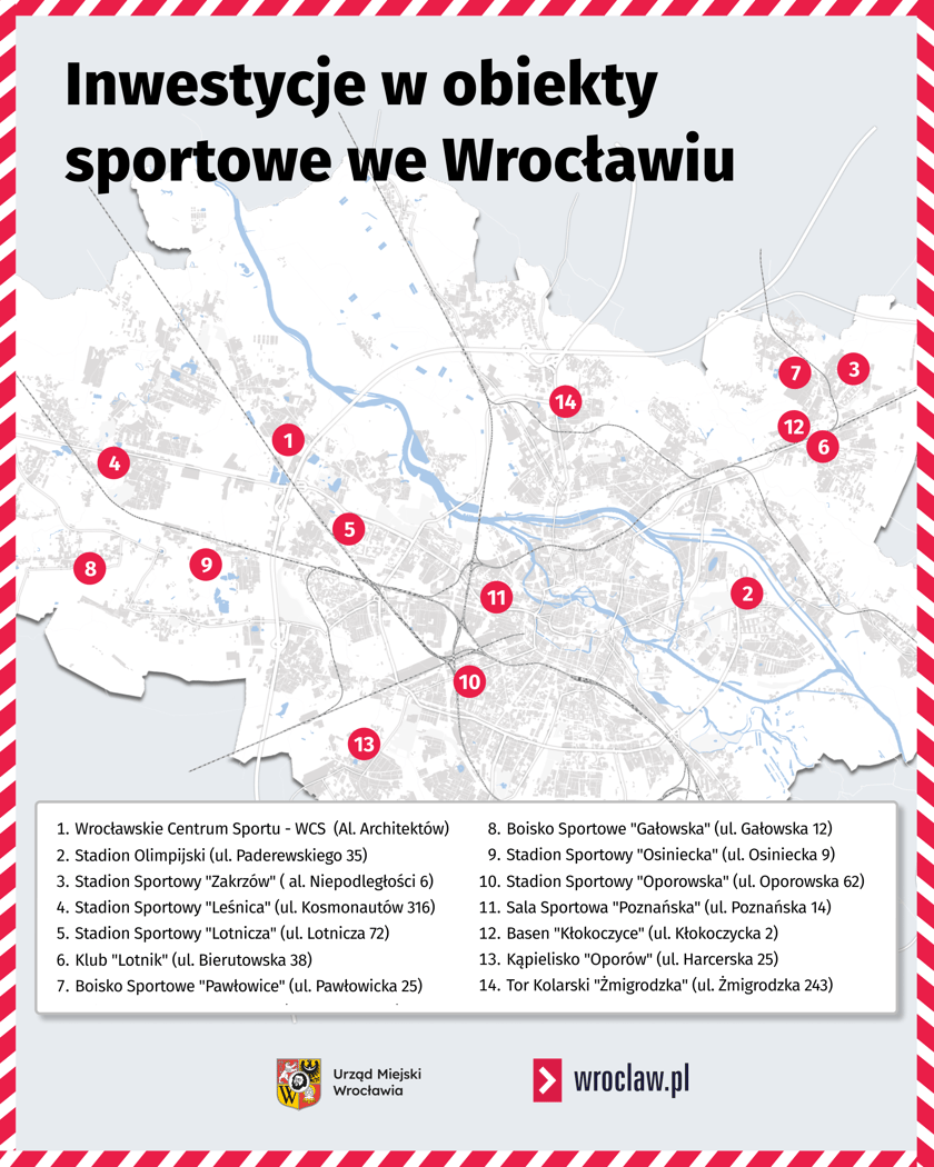 Mapa inwestycji sportowych we Wrocławiu w latach 2026-28