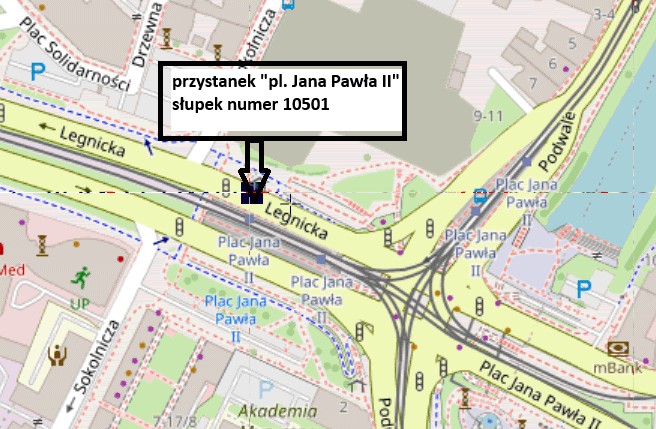 Mapa rejonu Pl. Jana Pawła II z zaznaczonym przystankiem nr 10501, który będzie udostępniony po remoncie zatoki.