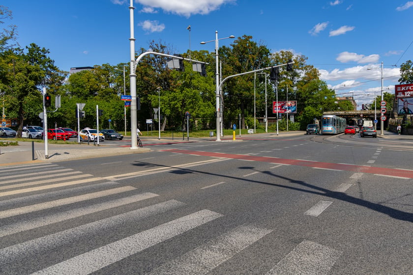 Skrzyżowanie ulic Suchej, Pułaskiego, Hubskiej i Dyrekcyjnej.