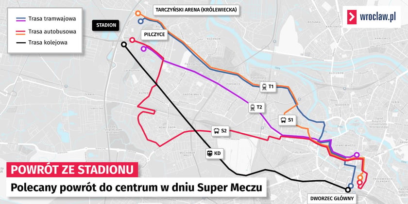 Mapa przedstawiająca trasy komunikacji zbiorowej po zakończeniu Super Meczu AC Milan - Manchester United.