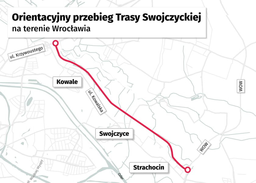Orientacyjny przebieg Trasy Swojczyckiej na terenie Wrocławia. Ostateczny jej kształt zostanie wyłoniony po przygotowaniu zamówionego właśnie studium korytarzowego.