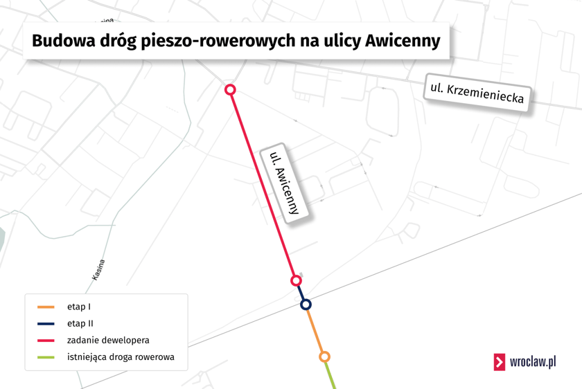 Mapa przedstawia etapy budowy dróg pieszo-rowerowych na ulicy Awicenny