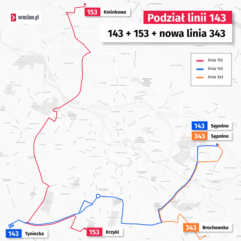 PODZIAŁ LINII 143 143 +153 + nowa linia 343 - mapa
