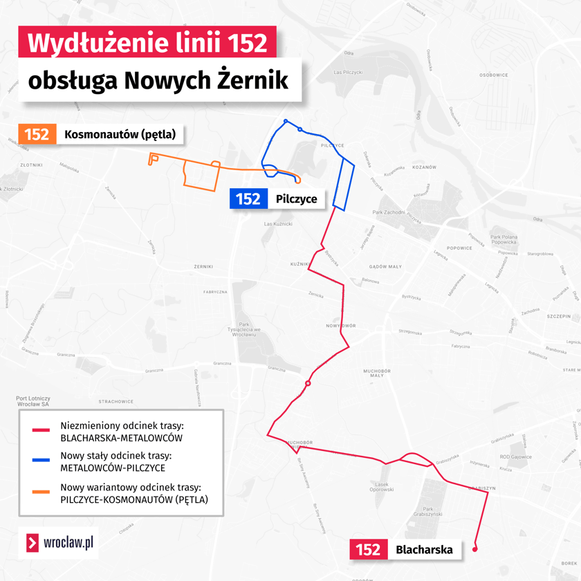 WYDŁUŻENIE LINII 152 - obsługa Nowych Żernik — południowe osiedla - mapa