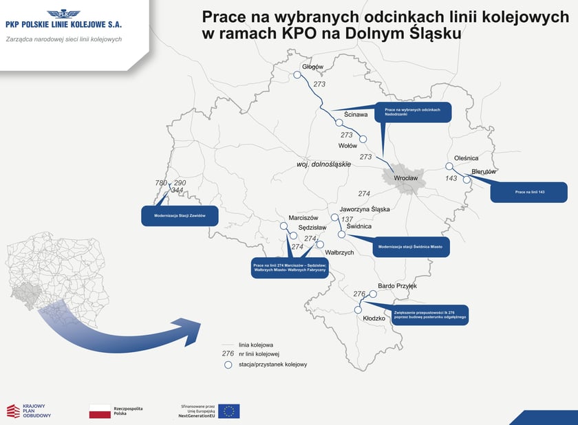 Mapa przedstawia kolejowe inwestycje na Dolnym Śląsku zrealizowane za pieniądze z KPO
