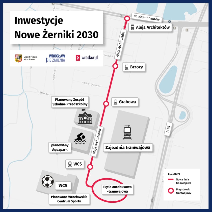 Mapa przedstawia inwestycje planowane i realizowane na Nowych Żernikach w rejonie Alei Architektów