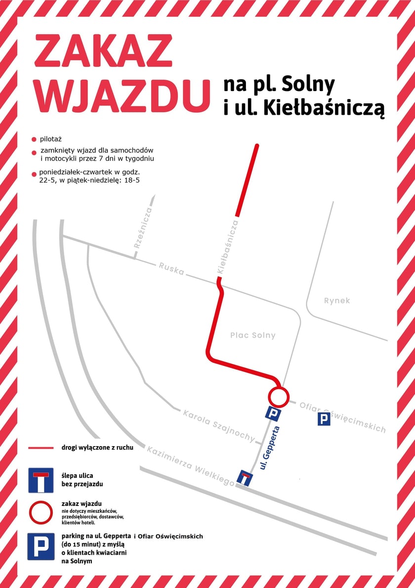 Infografika przedstawiająca ograniczenia w ruchu przy wjeździe na Pl. Solny.