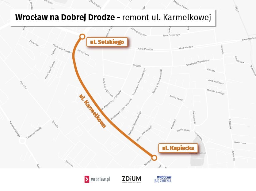 Mapka przedstawiająca odcinek ul. Karmelkowej, który będzie remontowany w ramach programu Wrocław na Dobrej Drodze.
