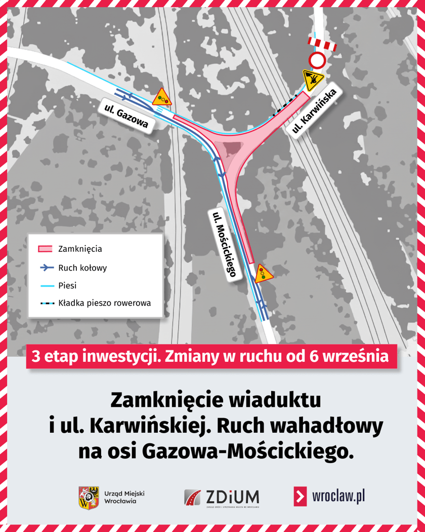 Mapa przedstawia organizację ruchu w obrębie remontowanych wiaduktów i przebudowywanego skrzyżowania