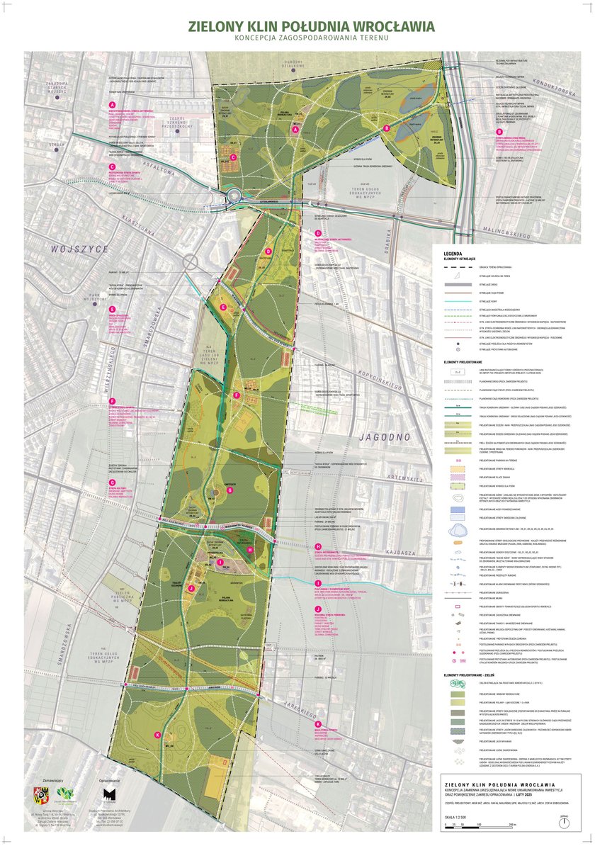 Mapa przedstawiająca koncepcję zagospodarowania Zielonego Klina Południa Wrocławia.