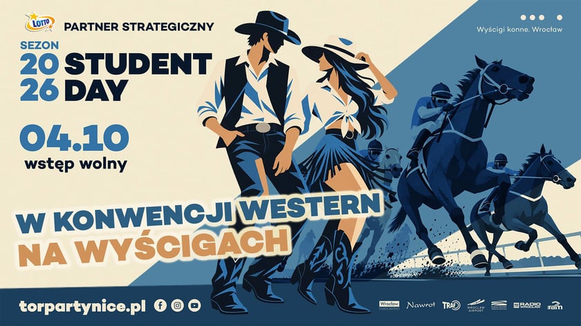 Plakat zapowiadający Student Day 4 paźziernika na Wrocławskim Torze Wyścigów Konnych Partynice.