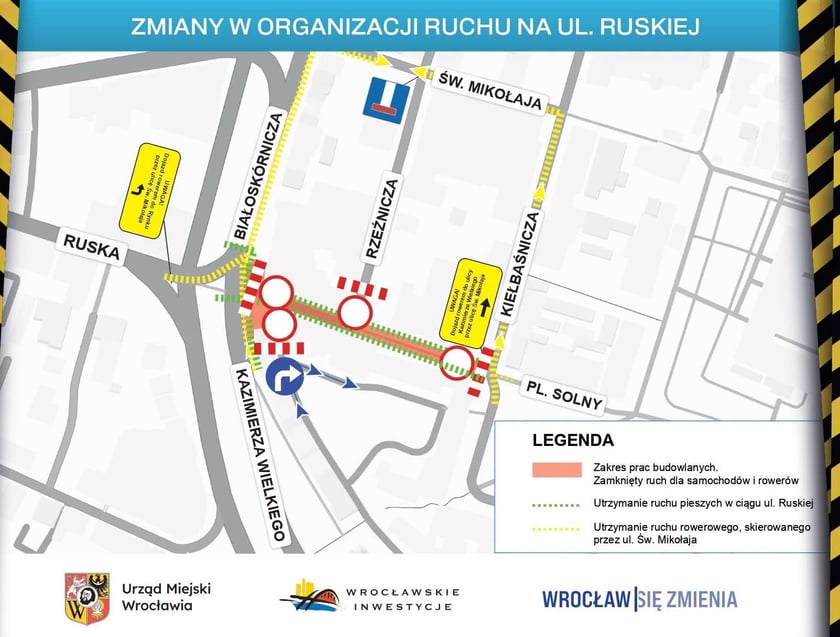 Mapa przedstawia zmienioną organizację ruchu w związku z przebudową ulicy Ruskiej