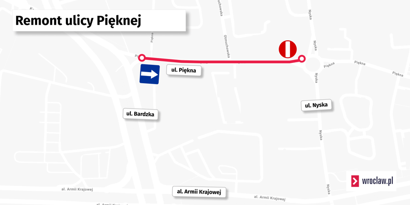 Mapa przedstawia remontowany odcinek ulicy Pięknej i organizację ruchu obowiązującą podczas prac