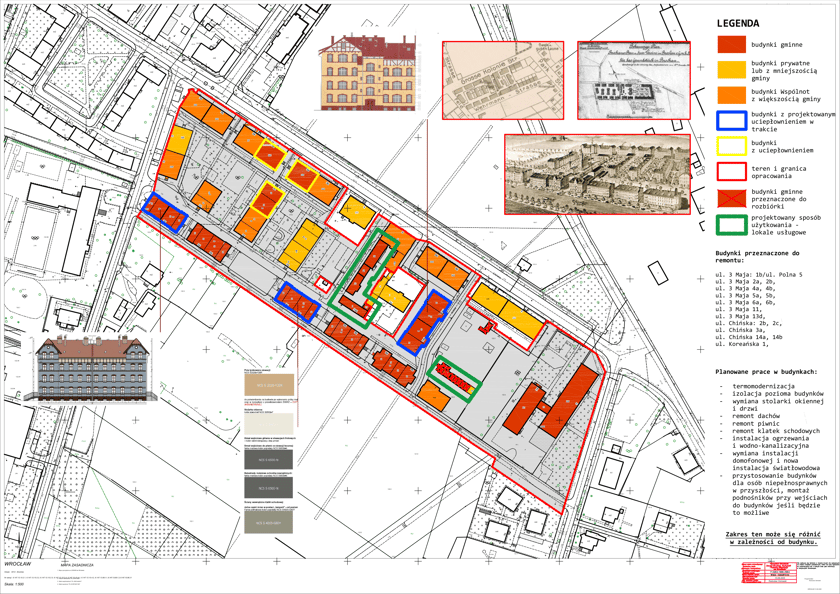 Mapa zasadnicza osiedla przy ulicach 3 Maja, Chińskiej i Koreańskiej we Wrocławiu (Brochów), z zaznaczonym stanem własności budynków, budynkami do remontu i budynkami z ociepleniem lub z ociepleniem w trakcie realizacji.