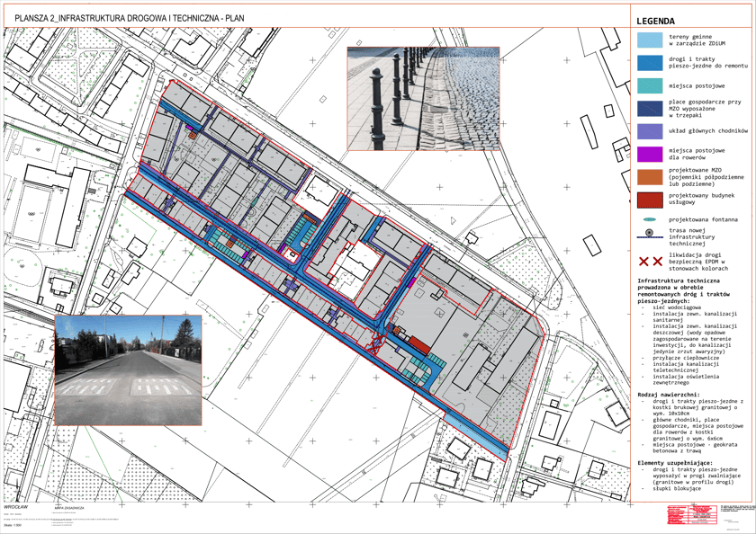 Plan infrastruktury drogowej i technicznej osiedla: drogi i trakty pieszo-jezdne do remontu, miejsca postojowe, place gospodarcze, trasa nowej infrastruktury technicznej oraz projektowany budynek usługowy.