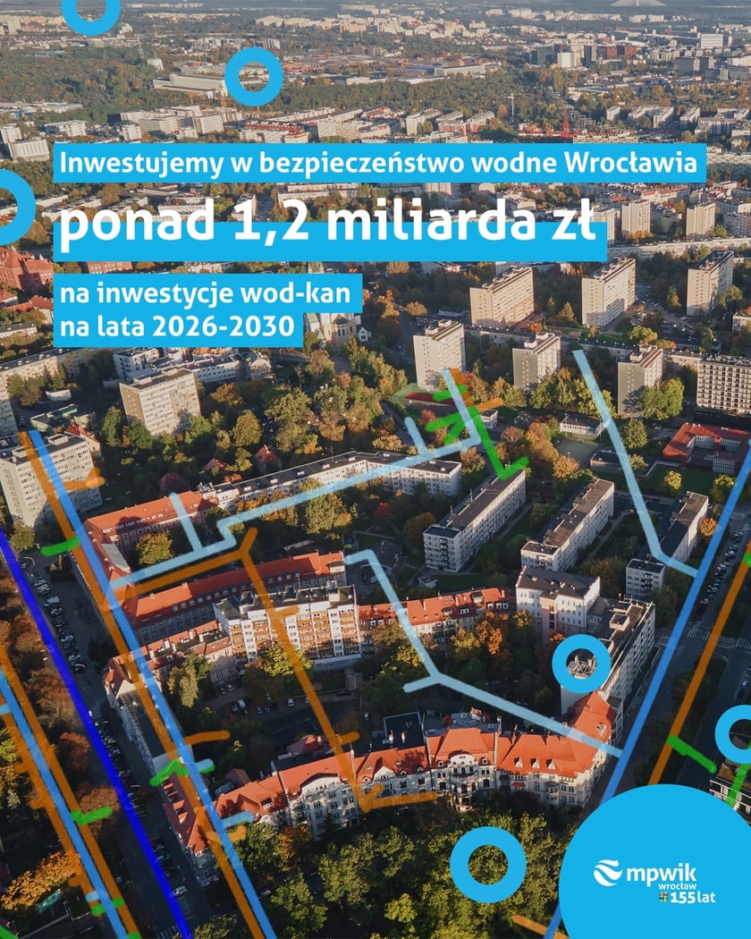Tablica informacyjna dotycząca planów inwestycyjnych MPWiK Wrocław